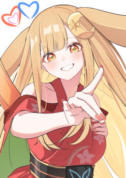 1girl absurdres animal_ears bare_shoulders blonde_hair breasts chou_kaguya-hime! commentary_request crescent crescent_hair_ornament hair_ornament hand_on_own_chest hand_up heart highres japanese_clothes kaguya_(chou_kaguya-hime!) kimono long_hair looking_at_viewer medium_breasts orange_eyes ozakinggg rabbit_ears red_kimono smile upper_body white_background