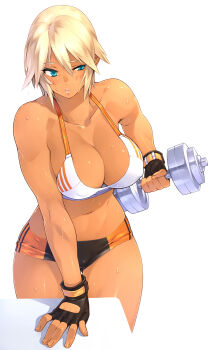 1girl 23_(real_xxiii) aqua_eyes bare_shoulders blonde_hair blue_eyes breasts cleavage curvy dark-skinned_female dark_skin dumbbell exercising female_focus fingerless_gloves gloves highres large_breasts lips midriff muscular muscular_female navel original sela_(23) short_hair short_shorts shorts simple_background solo sweat tan thigh_gap thighs toned uneven_eyes weightlifting weights white_background