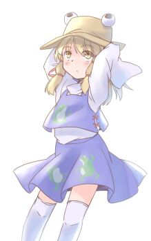 1girl animal_print arms_behind_head blonde_hair blue_skirt blue_vest brown_hat commentary_request feet_out_of_frame frog_print hair_ribbon hat long_hair long_sleeves looking_up moriya_suwako one-hour_drawing_challenge rangycrow red_ribbon ribbon shirt sidelocks skirt solo thighhighs touhou vest white_background white_shirt white_thighhighs yellow_eyes