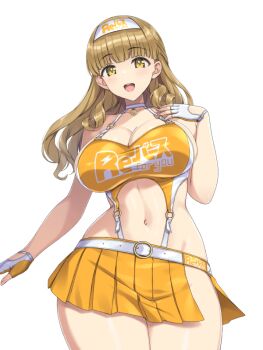 1girl :d ayato_utae bare_arms blunt_bangs breasts brown_hair cleavage collarbone commentary_request cowboy_shot dolphin_wave fingerless_gloves gloves hina_(cassissoda) large_breasts long_hair looking_at_viewer navel open_mouth orange_shirt orange_skirt pleated_skirt shirt simple_background skirt smile solo standing teeth thick_thighs thighs upper_teeth_only wavy_hair white_background white_gloves wide_hips yellow_eyes