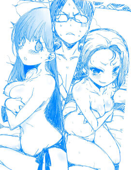 1boy 2girls arai_kazuki bikini bikini_bottom_only blush bokutachi_wa_benkyou_ga_dekinai braid breasts cleavage collarbone female_focus glasses highres kirisu_mafuyu kominami_asumi large_breasts long_hair monochrome multiple_girls navel sitting small_breasts stomach thighs topless_female yuiga_nariyuki