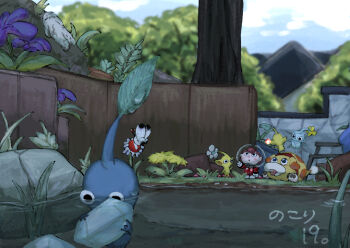 1girl :o alien bench black_eyes blue_eyes blue_pikmin blue_skin blue_sky blush_stickers boots bug butterfly colored_skin commentary_request countdown covering_own_mouth crystal dandelion dark_foreground fence floppy_ears flower gauge gloves grass helmet holding holding_crystal ice ice_pikmin insect jumping jumpsuit lake landscape leaf looking_at_another looking_at_object looking_up nintendo no_mouth oatchi_(pikmin) on_animal open_mouth outdoors outstretched_arm partially_submerged pellet_posey pikmin_(creature) pikmin_(series) pikmin_4 pink_hair plant pointy_ears potted_plant purple_flower radio_antenna raw_materials_(pikmin) red_jumpsuit red_light rescue_officer_(pikmin) short_hair sitting sky space_helmet spacesuit spots tiny tongue tree usuba_(hatomugip) wet whistle white_flower white_footwear white_gloves white_spectralid yellow_flower yellow_fur yellow_pikmin yellow_skin