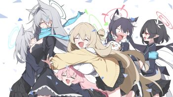 Rule 34 | 6+girls, absurdres, animal ear fluff, animal ears, ayane (blue archive), blue archive, blush, breasts, cat ears, cat girl, closed eyes, extra ears, foreclosure task force (blue archive), group hug, halo, happy, headpat, highres, hoshino (blue archive), hug, large breasts, mmhomm, multiple girls, nonomi (blue archive), peroro (blue archive), pointy ears, school uniform, serika (blue archive), shiroko (blue archive), shiroko terror (blue archive), white background, wolf ears, wolf girl