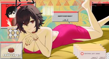 1girl backless_dress backless_outfit bare_arms bare_shoulders breasts brown_hair catherine_(sedai) choker cleavage closed_mouth commentary drawn_ears dress emoji english_commentary english_text error_message foot_out_of_frame hair_between_eyes highres leg_up looking_at_viewer lying medium_breasts messy_hair nail_polish on_stomach original pink_dress pleading_face_emoji red_choker red_eyes red_nails sedai short_hair side_slit smile solo strapless strapless_dress terminal tube_dress