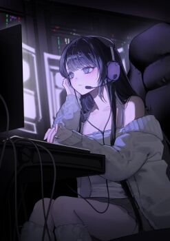 1girl black_eyes black_hair chair computer headphones highres original swivel_chair
