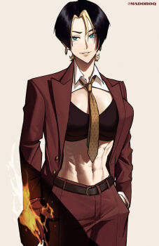 1girl abs artist_name blue_eyes commentary english_commentary fire highres jewelry madoro_q midriff mixed-language_commentary multicolored_hair necklace original pyrokinesis short_hair simple_background solo tomboy two-tone_hair