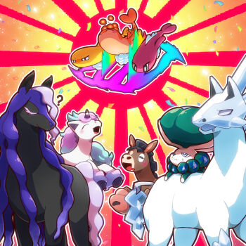 ? animal_focus black_eyes blush blush_stickers bright_pupils calyrex calyrex_(rider) chinese_zodiac closed_eyes closed_mouth commentary_request confetti drooling galarian_form galarian_ponyta gen_8_pokemon glastrier highres horns horse legendary_pokemon mega_tatsugiri mouth_drool new_year nintendo no_humans open_mouth outline pokemon pokemon_(creature) pokemon_focus rearing riding riding_pokemon single_horn smile spectrier sweatdrop tatsugiri user_yvgk5553 white_outline white_pupils year_of_the_horse