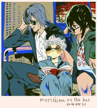 3boys absurdres annoyed bare_legs black_hair black_pants black_shorts black_suit blue_jacket blue_pants blunt_bangs book bus_interior business_suit buttons character_request collared_jacket collared_shirt copyright_request crossed_legs dated dress_pants dress_shirt english_text feet_out_of_frame formal_clothes green_jacket grey_hair hand_on_own_head height_difference high_collar highres hood hood_down hooded_jacket indoors jacket knee_up knees layered_sleeves long_sleeves looking_at_another male_focus multiple_boys nengo on_bench open_book open_clothes open_jacket orange_eyes pants parted_lips pointy_nose print_shirt reading shirt short_hair shorts sitting smirk smug suit sun_print upturned_eyes v-shaped_eyebrows wavy_mouth white_shirt window