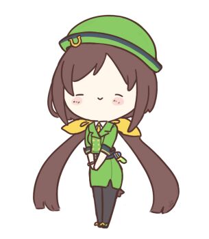 Rule 34 | 1girl, black pantyhose, blush, blush stickers, bowler hat, brown hair, chibi, chibi only, closed eyes, closed mouth, collared shirt, commentary, english commentary, formal clothes, green hat, green jacket, hat, hayakawa tazuna, highres, jacket, long hair, long sleeves, necktie, pantyhose, shirt, simple background, skirt, skirt suit, smile, solo, split ponytail, suit, ukichan22905846, umamusume, white background, white shirt, yellow necktie