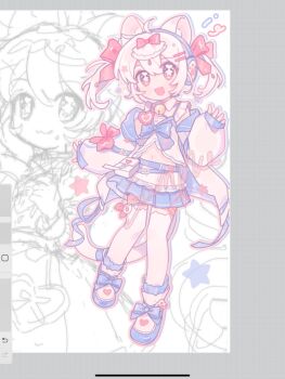 1girl :3 :d :q ahoge animal_ear_legwear animal_ears blue_bow blue_bowtie blue_shoes blue_skirt bow bowtie cat_ear_legwear cat_ears cat_girl cat_tail closed_mouth commentary double-parted_bangs fanqiealxe full_body hair_between_eyes hair_ornament hairclip highres long_sleeves looking_at_viewer multiple_views navel open_mouth original parallel_hairclips pink_eyes pleated_skirt procreate_(medium) procreate_(software) shirt shoes short_hair short_twintails sketch_background skirt smile standing star-shaped_pupils star_(symbol) symbol-only_commentary symbol-shaped_pupils tail thighhighs tongue tongue_out twintails unfinished white_hair white_shirt zettai_ryouiki