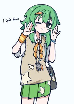 1girl armband bag bow bowtie brown_sweater_vest carrot_hair_ornament closed_mouth collared_shirt english_text food-themed_hair_ornament green_eyes green_hair green_skirt gumi hair_ornament hands_up highres i_can't_wait_(synthesizer_v) jewelry looking_at_viewer necklace odayaka orange_armband orange_bow orange_bowtie polka_dot polka_dot_bow polka_dot_bowtie shirt short_hair_with_long_locks shoulder_bag simple_background skirt smile solo song_name star_(symbol) star_print sweater_vest synthesizer_v tamagotchi tamagotchi_(classic) tamagotchi_(virtual_pet) virtual_pet_(toy) vocaloid white_background white_shirt