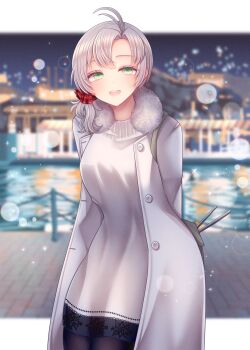 Rule 34 | 1girl, black pantyhose, coat, commentary request, cowboy shot, dress, fur-trimmed coat, fur trim, green eyes, grey hair, hair ornament, hair scrunchie, highres, kantai collection, kinugasa (kancolle), kinugasa kai ni (christmas) (kancolle), kinugasa kai ni (kancolle), long hair, looking at viewer, nagi kantai114, outdoors, pantyhose, scrunchie, smile, snow, solo, sweater, sweater dress, white coat, white dress