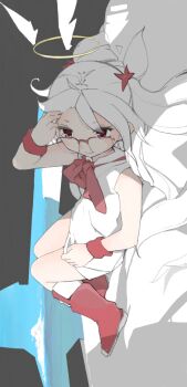 1girl boots dress expressionless full_body glasses horizon kinomoto_(nazonoinu) long_hair lying ocean on_back original red_eyes short_dress solo white_dress white_hair