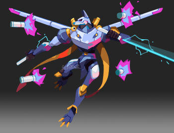 1boy armor artist_name blue_armor digimon digimon_(creature) digimon_frontier energy_sword full_body gero_rivera gradient_background grey_background highres holding holding_sword holding_weapon lightsaber magnagarurumon mechanical_wings missile simple_background solo sword weapon wings wolf