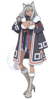1girl absurdres animal_ear_fluff animal_ears black_coat black_hairband boots breasts cho_kaguya-hime! chuken_otako cleavage coat dark-skinned_female dark_skin dog_ears dog_tail dress full_body fur-trimmed_boots fur_trim grey_boots grey_eyes grey_hair hairband hand_up high_heel_boots high_heels highres japanese_clothes large_breasts long_hair long_sleeves looking_at_viewer official_art second-party_source simple_background smile solo standing tachi-e tail white_background