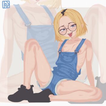 1girl arm_support black-framed_eyewear black_shoes blonde_hair collarbone female_focus flat_chest glasses highres idktbh knees_up large_areolae looking_at_viewer nipples no_bra original overalls round_eyewear shoes short_hair sitting smile solo spread_legs teeth thighs tongue tongue_out upper_teeth_only