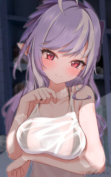 1girl absurdres ahoge arm_under_breasts bikini black_bikini breasts closed_mouth commentary_request highres kaju_paint large_breasts long_hair looking_at_viewer mole mole_under_eye multicolored_hair pointy_ears purple_hair see-through_clothes see-through_shirt shirt smile solo streaked_hair swimsuit very_long_hair vivian_banshee white_shirt white_streaks zenless_zone_zero