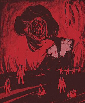 1girl blunt_ends body_horror commentary english_commentary faceless gestart333 headless horror_(theme) lowres medium_hair monochrome original parted_bangs people red_theme