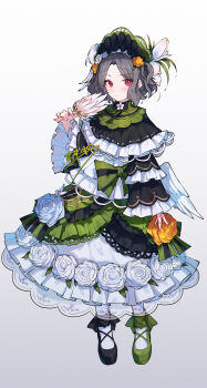 1girl absurdres asymmetrical_footwear black_shoes blush chinese_commentary closed_mouth commentary_request cosplay dress ebizuka_tomo flower frilled_dress frills full_body girls_band_cry green_shoes grey_hair hand_fan heart highres holding holding_fan layered_dress looking_at_viewer mahou_shoujo_no_majo_saiban mismatched_footwear red_eyes rose shoes short_hair simple_background socks solo tono_hanna tono_hanna_(cosplay) white_background white_dress white_flower white_rose white_socks yun_cao_bing