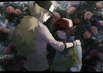 Rule 34 | 2boys, black hat, blue jacket, brown eyes, brown hair, closed mouth, flower, gen 5 pokemon, half-closed eyes, hand on another's shoulder, hat, highres, hilbert (pokemon), jacket, long sleeves, looking down, male focus, multiple boys, n (pokemon), nintendo, pink flower, pokemon, pokemon (creature), pokemon black and white, red hat, shirt, short hair, snivy, tarai (yamadarairai), wristband