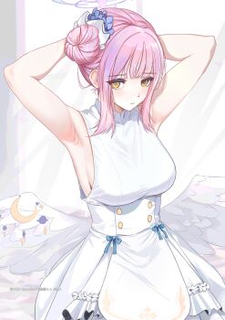 1girl 2025 absurdres armpits arms_behind_head arms_up artist_name bare_arms blue_archive blush breasts character_name dress feathered_wings hair_bun halo highres large_breasts looking_at_viewer mika_(blue_archive) pink_hair presenting_armpit sayybils sideboob sidelocks single_side_bun sleeveless sleeveless_dress solo white_dress white_wings wings yellow_eyes