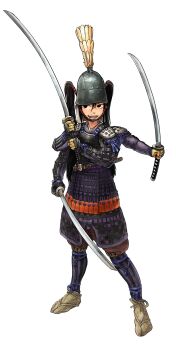 1girl absurdres armor dou extra_arms full_armor helmet highres holding holding_sword holding_weapon japanese_armor katana kote kusazuri open_mouth plume samurai scar scar_on_face sebear_ours shoulder_armor sode sword tachi_(weapon) twintails weapon