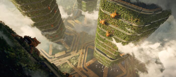 Rule 34 | absurdres, cloud, commentary, english commentary, felixriano, flock, garden, highres, landscape, light rays, original, plant, robot, scenery, science fiction, solarpunk, tower