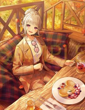 1girl autumn_leaves belt blueberry commentary_request company_name cup drink food fork fruit grey_hair hexagonal_eyewear higuchi_kaede higuchi_kaede_(suit) holding holding_cup jacket leaf looking_at_viewer napkin nemoto_yuuma nijisanji official_alternate_costume official_alternate_hairstyle official_art orange_jacket orange_pants pants plaid_clothes plaid_jacket plaid_pants plate purple_eyes sample_watermark shirt sitting smile solo strawberry tinted_eyewear tongue unworn_headwear virtual_youtuber watermark white_hair white_shirt
