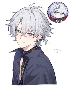 Rule 34 | 1boy, a20190422, adjusting clothes, adjusting gloves, ahoge, antenna hair, black choker, black gloves, black shirt, blue eyes, choker, closed mouth, collared shirt, crossed bangs, dog, earclip, earrings, gloves, grey hair, hair between eyes, hair intakes, highres, honkai: star rail, honkai (series), jewelry, light smile, looking at viewer, male focus, official alternate costume, official art, partially unbuttoned, phainon (fashion) (honkai: star rail), phainon (honkai: star rail), ponytail, reference inset, shirt, short ponytail, solo, teeth, upper body, white background, yellow pupils