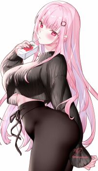 1girl absurdres ass black_nails black_pants black_sweater blush breasts closed_mouth drink_carton drinking_straw eyelashes from_side hair_ornament highres holding holding_juice_box hololive hololive_english juice_box kamiya_maneki large_breasts long_hair long_sleeves mori_calliope pants pink_eyes pink_hair signature solo sweater twitter_username virtual_youtuber