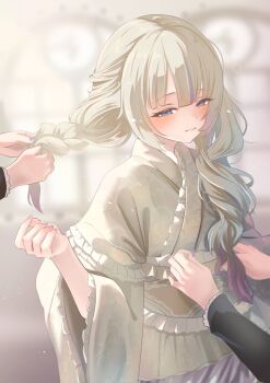 Rule 34 | 1girl, adjusting clothes, blonde hair, blurry, blurry background, braid, choker, commentary request, frilled sleeves, frills, grabbing another's hair, hair ornament, hairband, heart, heart choker, highres, holding another's hair, hololive, hololive dev is, japanese clothes, kimono, lolita hairband, long hair, looking at viewer, low twin braids, nail polish, purple eyes, purple hair, purple nails, sawari 66, simple background, todoroki hajime, todoroki hajime (new year), twin braids, virtual youtuber, white background, white kimono