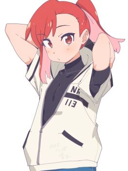 arms_behind_head arms_up black_skirt bluearcadegames highres jacket ponytail red_eyes red_hair ruri_no_houseki seto_shouko signature skirt white_jacket