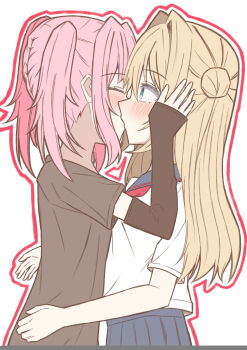 2girls absurdres atoz blonde_hair blue_eyes blue_sailor_collar blue_skirt blush closed_eyes commentary detached_sleeves grey_shirt hair_intakes hand_on_another's_face highres kiss long_hair multiple_girls original outline pink_hair pleated_skirt red_outline sailor_collar school_uniform serafuku shirt simple_background skirt twintails white_background white_shirt yuri