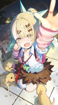 Rule 34 | 1girl, absurdres, arm up, arm warmers, baby animal, bag, bandaid, bandaid hair ornament, black skirt, blush, collarbone, commentary request, dog, earrings, fang, fur-trimmed skirt, fur trim, green eyes, green hair, hair ornament, heart, heart hair ornament, highres, iei (yeahhiei), jewelry, leg warmers, looking at viewer, multiple hair clips, musical note earrings, necktie, open mouth, paper, pink arm warmers, pink bag, pink leg warmers, puppy, red necktie, sheet music, shirt, skin fang, skirt, striped arm warmers, striped leg warmers, sunna (zenless zone zero), tearing up, white shirt, white wings, winged bag, wings, zenless zone zero