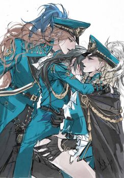 3girls augustus_(path_to_nowhere) blush chief_(path_to_nowhere) clothed_sex commentary_request cowboy_shot dildo female_chief_(path_to_nowhere) fff_threesome group_sex looking_at_another multiple_girls path_to_nowhere sex_toy strap-on threesome white_background xwilson127 yuri