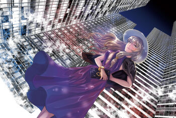 Rule 34 | 1girl, alternate costume, alternate eye color, alternate hair ornament, alternate headwear, bangle, black jacket, blonde hair, blush, bracelet, breasts, city, cleavage, cleavage cutout, clothing cutout, commentary, commentary request, contemporary, dress, dutch angle, english commentary, eyelashes, female focus, greyscale, hair between eyes, hair ornament, hand on own hip, jacket, jacket on shoulders, jewelry, kyuu umi, light particles, long hair, looking afar, medium breasts, mixed-language commentary, monochrome, monochrome background, nib pen (medium), night, open clothes, open dress, orange eyes, pen (medium), perspective, pink lips, pocketbook, purple dress, shiny clothes, shiny skin, sidelocks, sky, smile, solo, touhou, traditional media, very long hair, wind, yakumo yukari