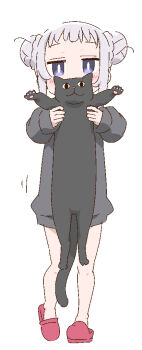 1girl animal black_cat black_sweater blush braid braided_bun cat covered_mouth double_bun full_body hair_bun holding holding_animal holding_cat long_sleeves loose_hair_strand original pink_sandals purple_eyes samansa_ex sandals simple_background solo standing sweater tabasa_(samansa_ex) white_background white_hair