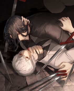 Rule 34 | 2boys, absurdres, black hair, black keys (type-moon), bleeding, blood, commentary request, cross, cross necklace, eyepatch, fangs, fate/strange fake, fate (series), fighting, hansa cervantes, highres, jacket, jester karture, jewelry, latin cross, male focus, medium hair, mole, mole under eye, multiple boys, necklace, necktie, on floor, open mouth, planted, planted sword, planted weapon, priest, purple eyes, red eyes, shirt, short hair, smile, sword, tongue, tongue out, weapon, white hair, zuraa (naunau seijin)