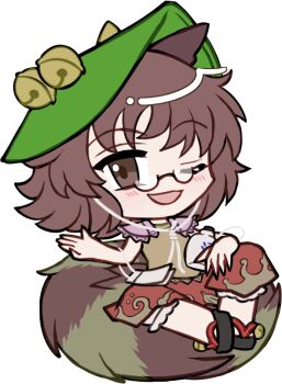 1girl :d ;d animal_ears bell black_sandals bloomers blush brown-framed_eyewear brown_eyes brown_hair brown_shirt brown_skirt chibi chibi_only full_body futatsuiwa_mamizou glasses green_hat hand_up hat jingle_bell leaf leaf_on_head looking_at_viewer mirei_(miirei) okobo one_eye_closed open_mouth pince-nez platform_sandals raccoon_ears raccoon_girl raccoon_tail sandals semi-rimless_eyewear shirt short_hair short_sleeves simple_background sitting sitting_on_own_tail skirt smile solo tail touhou transparent_background under-rim_eyewear underwear white_bloomers