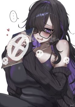 1girl @_@ bags_under_eyes bare_shoulders black-framed_eyewear black_cardigan black_dress black_hair blush book breasts cardigan cardigan_partially_removed censored cleavage collarbone colored_inner_hair commentary_request dress drooling glasses goddess_of_victory:_nikke hair_over_one_eye heart highres holding holding_book label_(nikke) large_breasts long_hair looking_at_viewer mouth_drool multicolored_hair open_mouth pornography purple_eyes purple_hair shupita simple_background skull smile solo speech_bubble sweat very_long_hair white_background