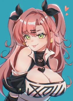 Rule 34 | 1girl, :p, absurdres, arto14, bare shoulders, black ribbon, blue background, breasts, commentary request, green eyes, hair ornament, hair ribbon, hairclip, heart, heart necklace, highres, jewelry, large breasts, long hair, looking at viewer, mole, mole on breast, necklace, nicole demara, pink hair, ribbon, simple background, solo, tongue, tongue out, two side up, upper body, zenless zone zero