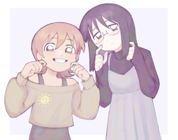 2girls aioi_yuuko bare_shoulders black_hair black_shirt black_sweater brown_eyes brown_hair closed_mouth commentary dress english_commentary expressionless glasses green_shirt highres homestuckh8r long_hair minakami_mai multiple_girls nichijou off-shoulder_shirt off_shoulder pinafore_dress semi-rimless_eyewear shirt short_hair sidelocks sleeveless sleeveless_dress sleeves_past_wrists smile sweater teeth turtleneck turtleneck_sweater white_dress