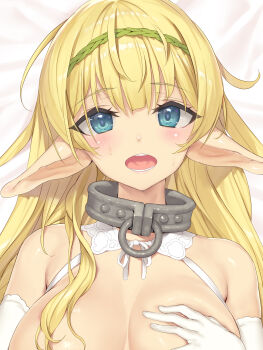 1girl aqua_eyes blonde_hair blush breasts collar convenient_censoring covering_one_breast covering_privates elbow_gloves elf embarrassed from_above gloves grabbing_own_breast green_hairband hair_censor hair_over_breasts hair_over_one_breast hairband half-closed_eyes highres huge_breasts isekai_maou_to_shoukan_shoujo_no_dorei_majutsu long_hair looking_at_viewer lying metal_collar o-ring_collar official_art on_back open_mouth pointy_ears shera_l._greenwood solo sweat torogao tsurusaki_takahiro upper_body very_long_hair white_gloves