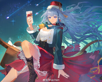 Rule 34 | 1girl, absurdres, bell, black boots, blue eyes, blue hair, boots, breasts, cleavage, cropped jacket, gift, girls' frontline, girls' frontline neural cloud, highres, holding, holding gift, hubble (neural cloud), official alternate costume, rhachen, shooting star, sky, solo, star (sky), starry sky