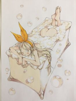 1girl ;p arm_rest ass bath bathing bathtub blonde_hair bow bow_hairband braid closed_mouth commentary feet feet_up hairband highres long_hair looking_at_viewer low-braided_long_hair low-tied_long_hair nude one_eye_closed orange_bow orange_hairband original peter_salt single_braid smile soap soap_bubbles solo tongue tongue_out traditional_media yellow_eyes