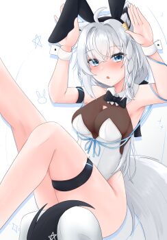 1girl absurdres ahoge animal_ear_fluff animal_ears arm_strap arms_up black_bow black_bowtie blue_eyes blue_ribbon blush bow bowtie braid breasts commentary_request detached_collar fake_animal_ears fang fox_ears fox_girl fox_tail hair_between_eyes highres hololive leotard long_hair looking_at_viewer medium_breasts open_mouth pentagram playboy_bunny rabbit_ears ribbon shirakami_fubuki sidelocks single_braid skin_fang solo st-147 tail thigh_strap towel virtual_youtuber white_hair white_leotard wrist_cuffs