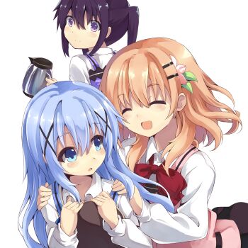 3girls black_hair blue_eyes blush brown_hair closed_eyes coffee_pot gochuumon_wa_usagi_desu_ka? hair_ornament hairclip highres hoto_cocoa kafuu_chino long_hair multiple_girls normaland open_mouth ponytail purple_eyes rabbit_house_uniform short_hair smile tray x_hair_ornament
