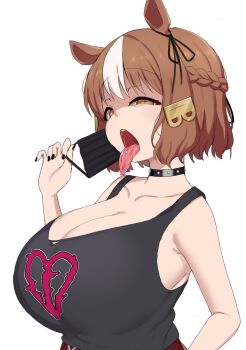 Rule 34 | 1girl, absurdres, alternate breast size (larger), animal ears, bare arms, bare shoulders, belno light (umamusume), black choker, black mask, black shirt, bow, braid, breasts, brown hair, choker, cleavage, collarbone, commentary request, ear ornament, ear ribbon, forked tongue, from side, hair ornament, half-closed eyes, half up braid, half updo, hand up, highres, horse ears, horse girl, huge breasts, letter hair ornament, looking at viewer, mask, mouth mask, multicolored hair, narrowed eyes, noe (ppppriver), official alternate costume, open mouth, piercing, print shirt, raised eyebrows, removing mask, saliva, saliva trail, shaded face, shirt, short hair, sideways glance, solo, studded choker, surgical mask, tongue, tongue out, tongue piercing, umamusume, umamusume: cinderella gray