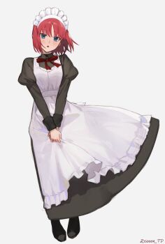 1girl absurdres apron artist_name black_dress black_shoes blue_eyes dress highres hisui_(tsukihime) long_sleeves looking_at_viewer maid maid_apron maid_headdress neck_ribbon puffy_long_sleeves puffy_sleeves red_hair red_ribbon ribbon shoes short_hair simple_background solo sooon tsukihime twitter_username watermark white_apron white_background