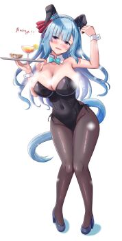 Rule 34 | 1girl, alcohol, animal ears, bare shoulders, black leotard, black pantyhose, blue hair, blue shoes, blush, breasts, cleavage, commentary request, detached collar, ear ornament, fake animal ears, full body, high heels, highres, horse ears, horse girl, horse tail, large breasts, leotard, lio (maguri), long hair, looking at viewer, mejiro ardan (umamusume), open mouth, pantyhose, purple eyes, shoes, smile, solo, strapless, strapless leotard, tail, tray, umamusume, white background, wrist cuffs
